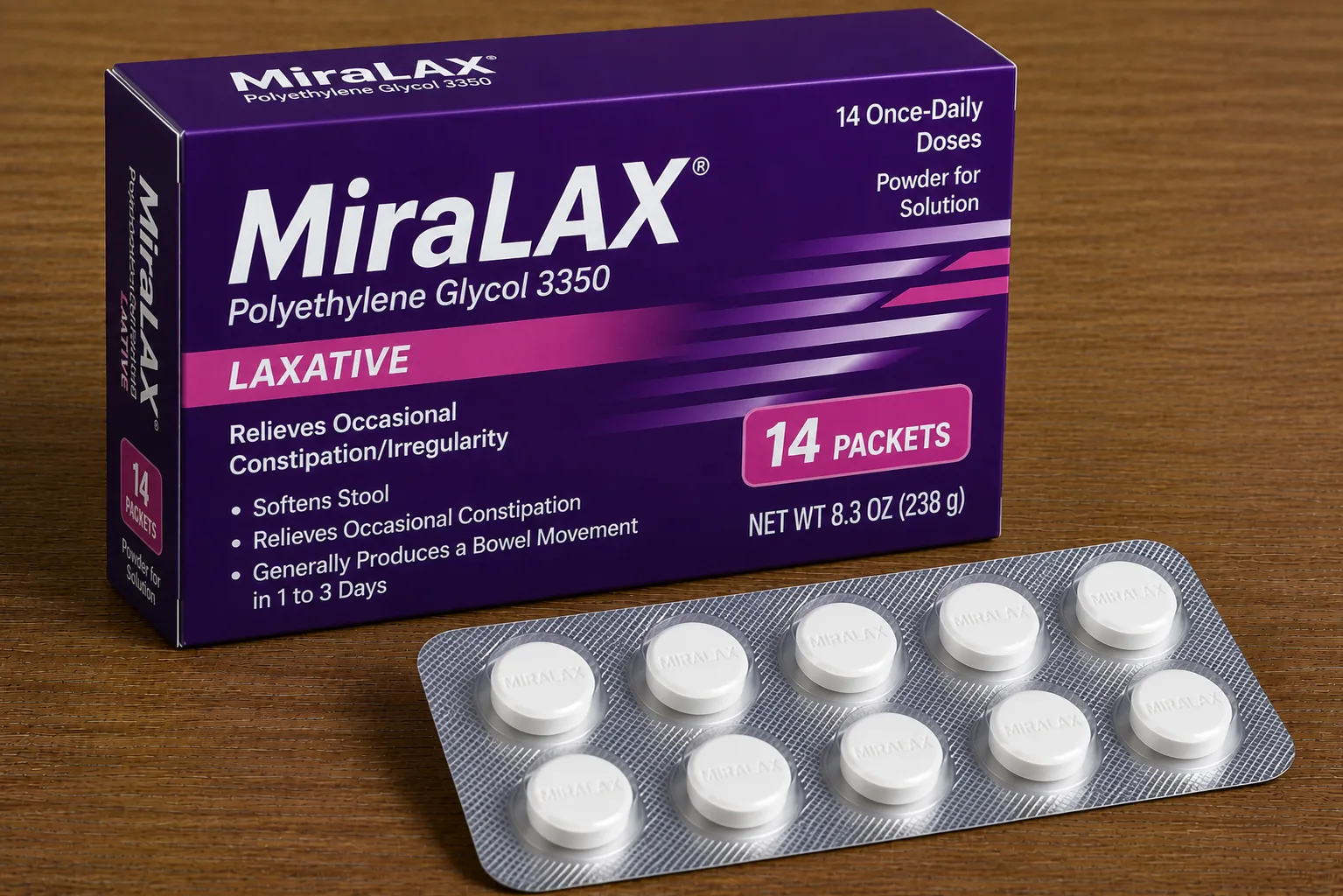 MiraLax polyethylene glycol 3350 powder — gentle osmotic laxative